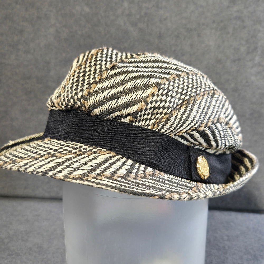 Vince Camuto Woven Paper Fedora Hat Black Tan Chevron Herringbone OS Gold Crest